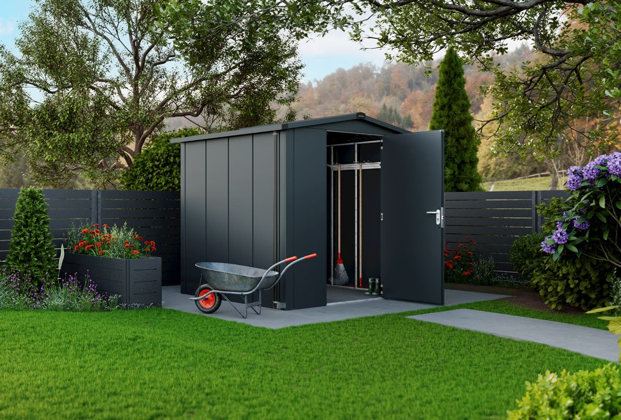 Къщичка за градински инструменти Juno Design, двускатен покрив, RAL 7016 антрацитно сиво