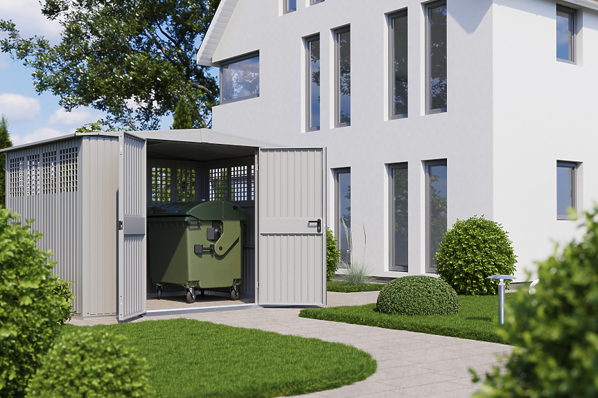 Постройката за градински инструменти осигурява място за съхранение на открито и е подходяща идеално като място за съхранение на контейнери за отпадъци или като гараж за Е-велосипеди