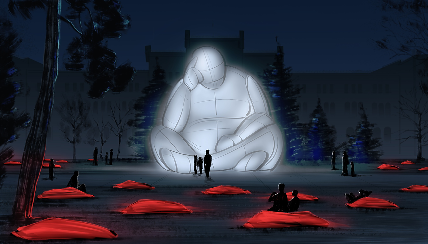 Шест огромни човешки фигури монтират в парка на Военната академия